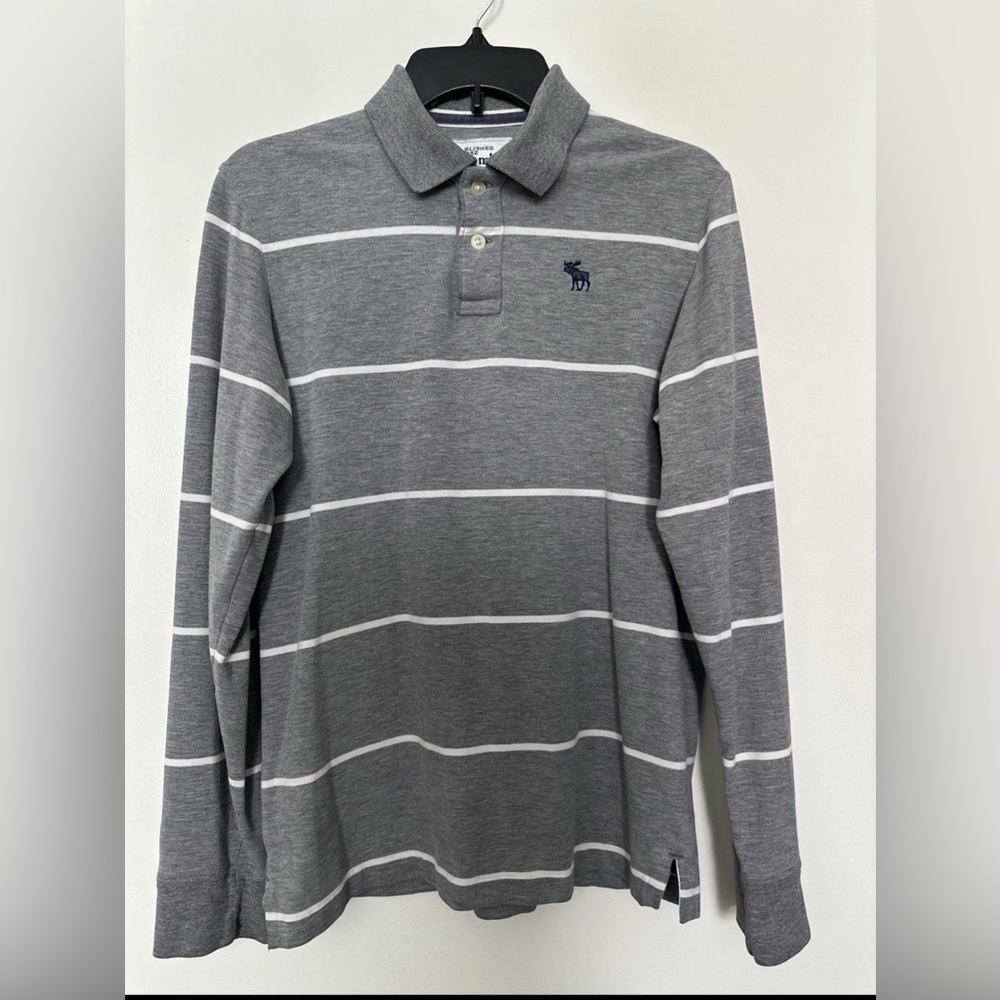 Abercrombie Kids polo shirt boys size XL Gray White Striped Long Sleeve Button